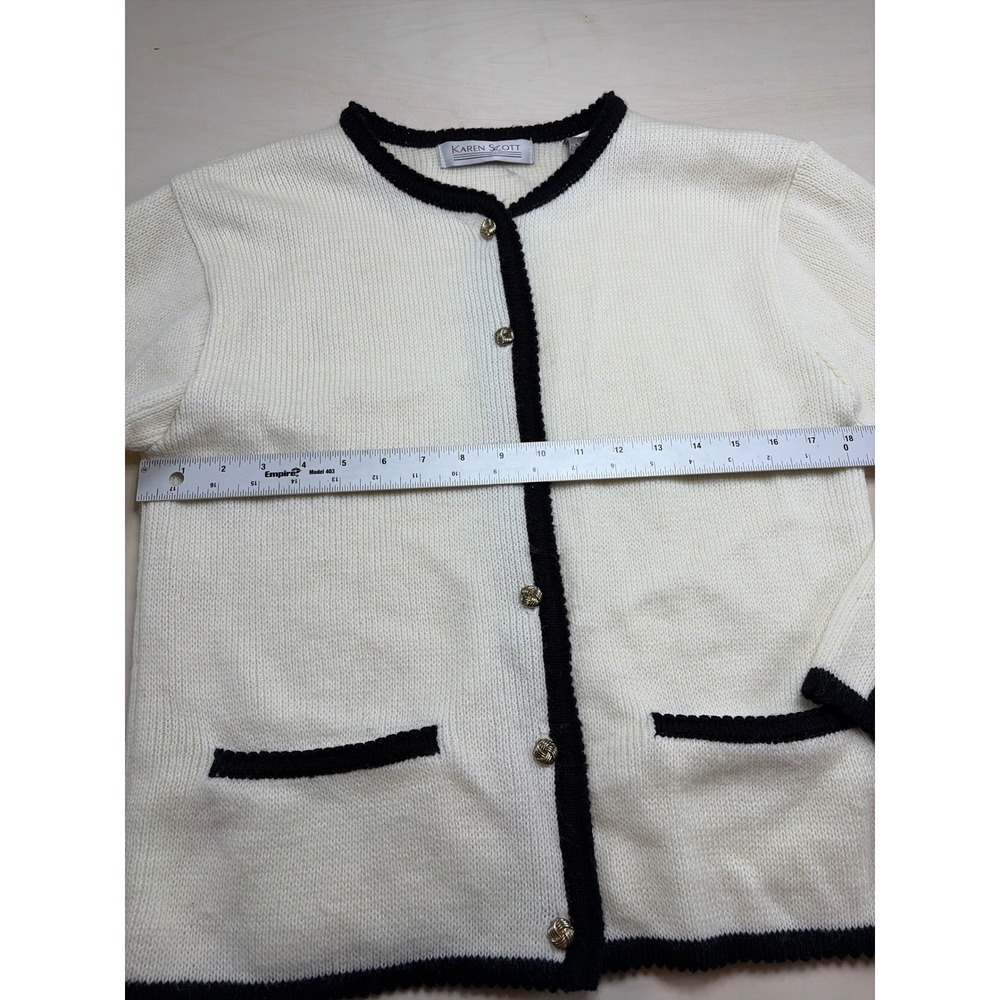 Karen Scott Vintage Cream Black Contrast Trim Wool Blend Knit Cardigan Small - Picture 5 of 9